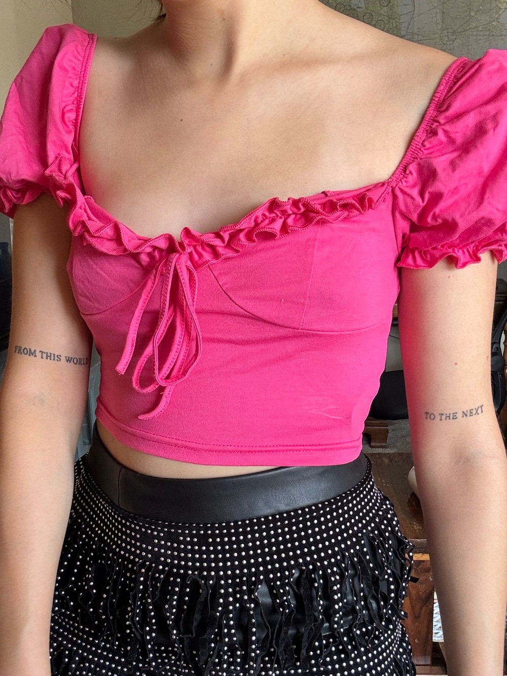 Pink Ruffled Puff-Sleeve Crop Top
